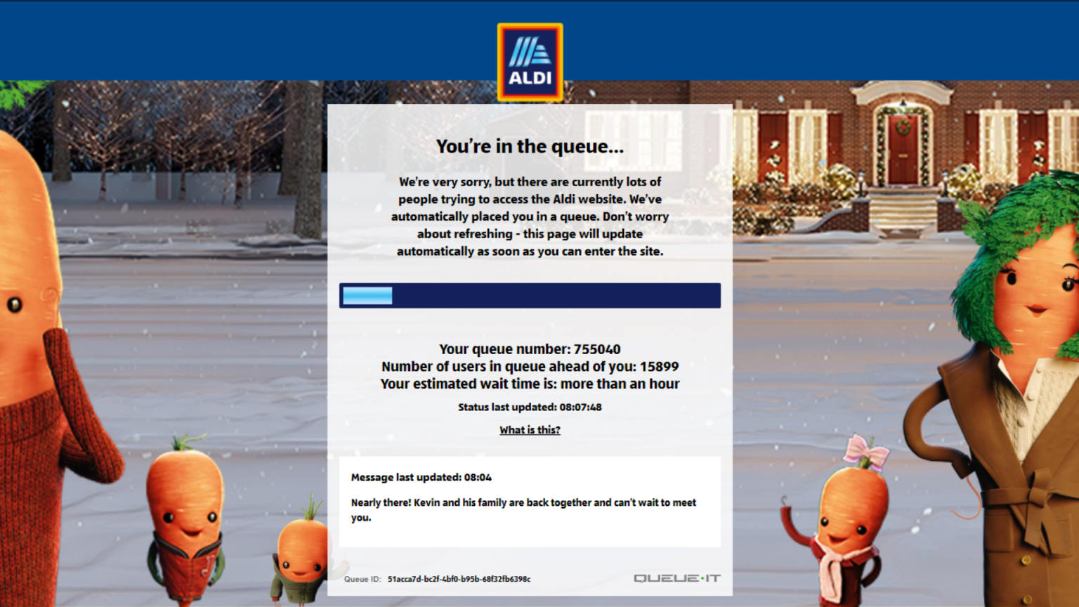 Aldi web site down as consumers rush to purchase Kevin the Carrot Christmas toys and queue from 4am outdoors retailers Aldi website down as shoppers rush to buy Kevin the Carrot Christmas toys and queue from 4am outside shops