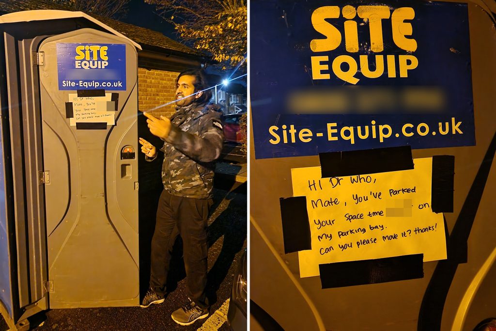 I’m furious after a Tardis-like PORTABLE TOILET was dumped in my parking spot – I’ve had to leave an angry note I’m furious after a Tardis-like PORTABLE TOILET was dumped in my parking spot – I’ve had to leave an angry note