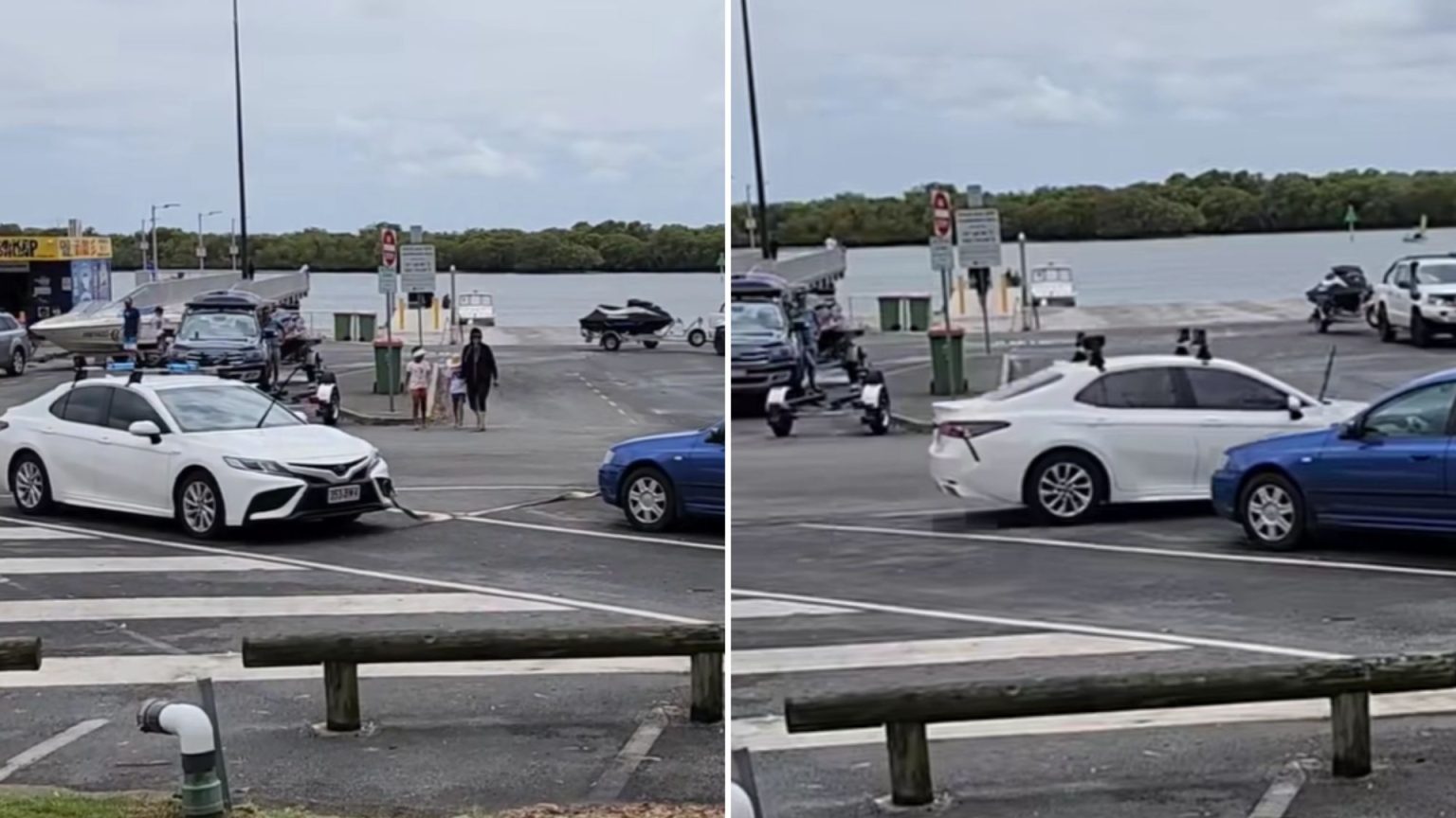Watch as a furious boat owner drags a’selfish driver’ from a parking lot with screeching brakes after he has blocked in his trailer Watch as furious boat owner tows 'selfish driver' out of car park with screeching tyres after he blocked in his trailer