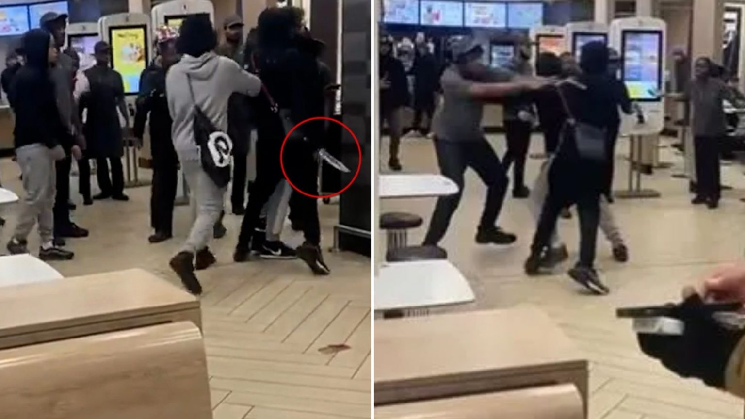 Shocking moment yobs brawl at McDonald's before one pulls out a huge KNIFE in chaotic scenes